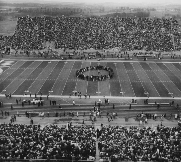 Black student protest on football field at halftime of 1969 football game