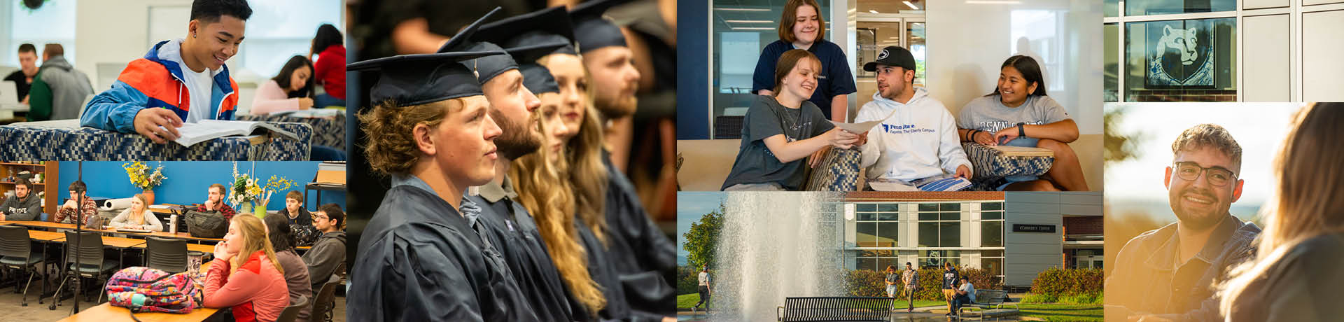 A collage of students around campus; some doing homework, others in class, four at graduation, some talking to each other.