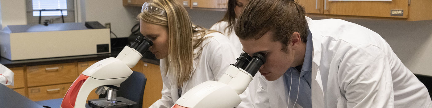 Two students using a microscope. 