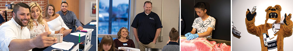 Photos of students in class, Rick at an event, and the Lion throwing money.