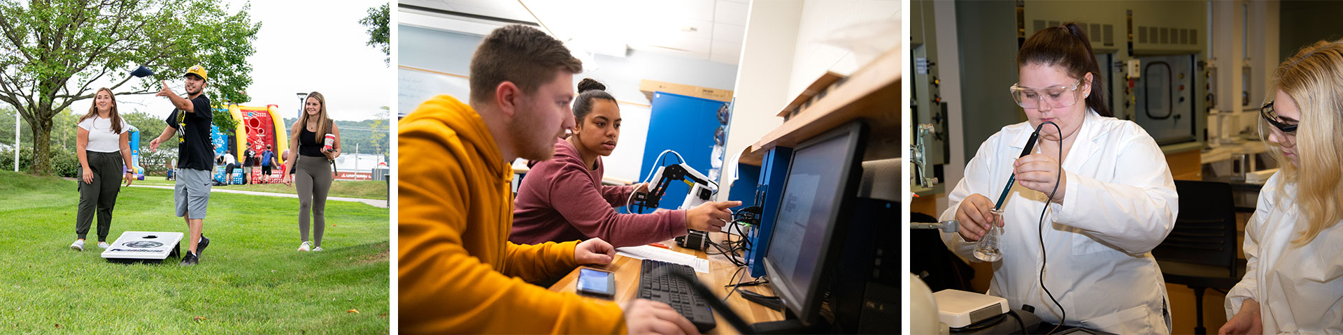 Three photos of campus. Students playing a game, robotics lap, and chemistry lab. 