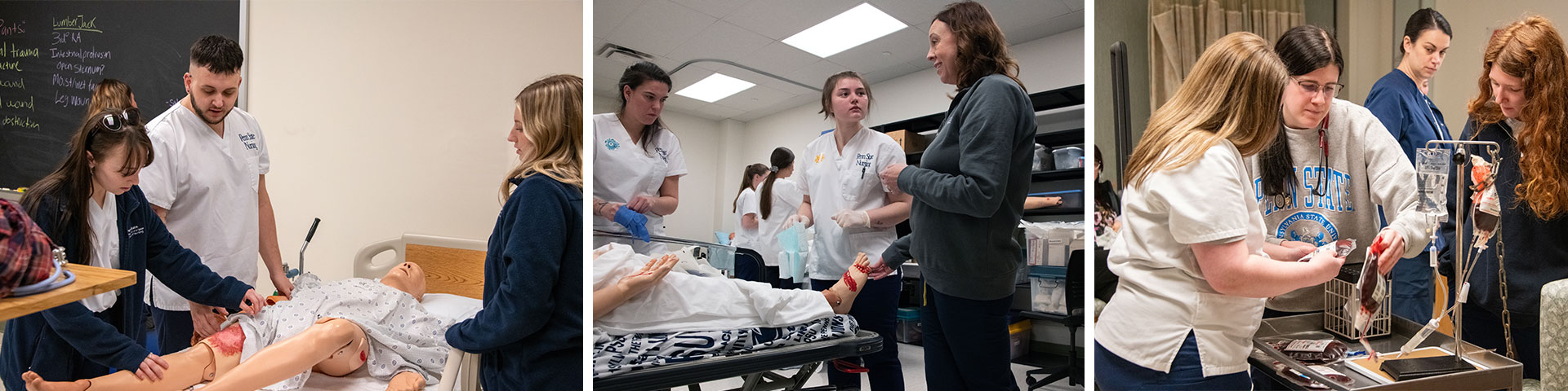 Three photos of nursing students applying what they learned in three lab simulations.  