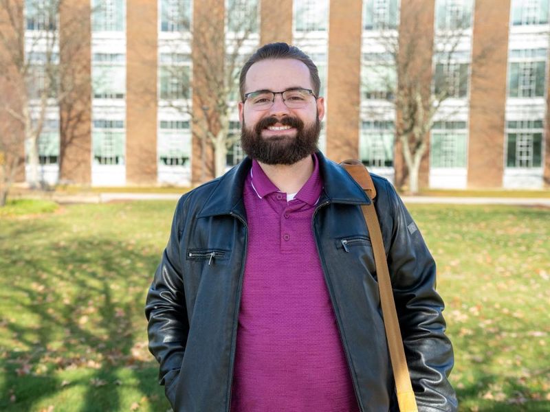 Joshua Krause standing outside Penn State Fayette.