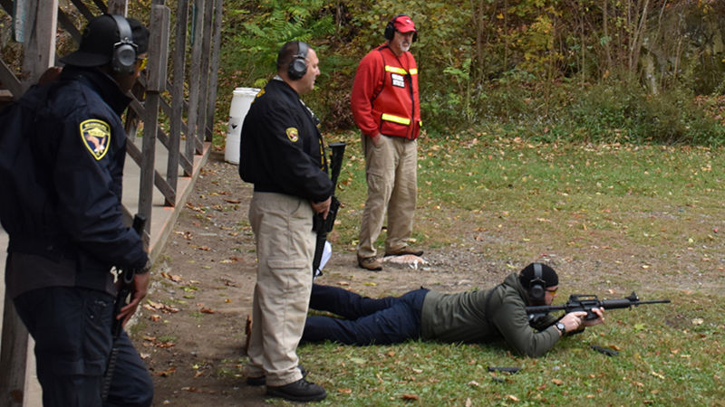 Constable Rocky Younkin (standing, right), an instructor with the Center for Community and Public Safety, trains Wilkinsburg Police Officers Brandon Rourke, (laying), Doug Yuhouse (center), and William Coffee (left) to become certified as patrol rifle instructors.