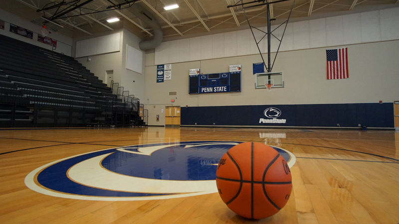 A basketball sits on the empty court inside Penn State Fayette's Community Center Main Arena.