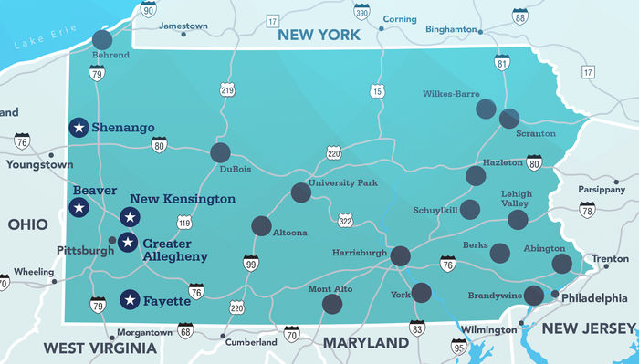 Map of Pennsylvania that shows were the campuses are located. 