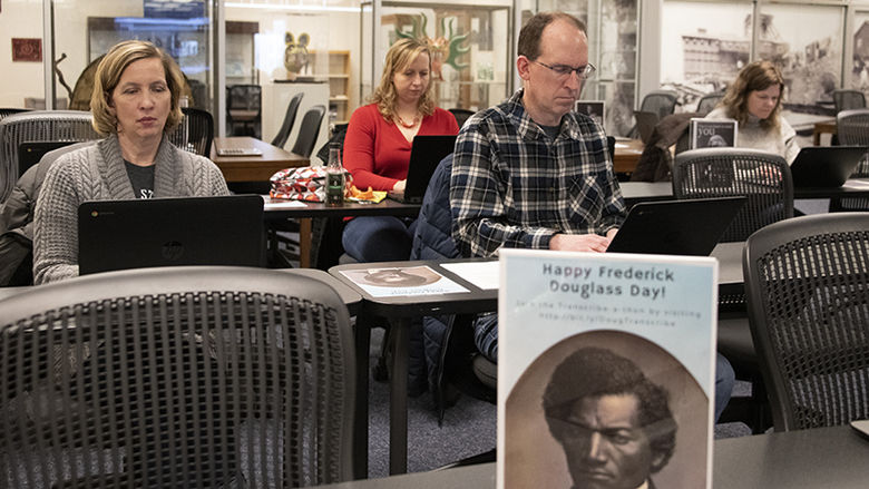 Members of the Penn State Fayette community gather in the Coal and Coke Heritage Center on campus to participate in the 2020 Douglass Day Transcribe-a-Thon.