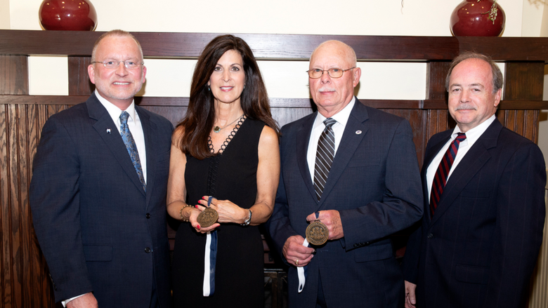 Dr. Charles Patrick, Chancellor/CAO; Paula R. Congelio, 2018 Outstanding Fellow; J. Blair McGill, 2018 Outstanding Alumnus; and Gary D. Monaghan, Chairman of the Advisory Board.