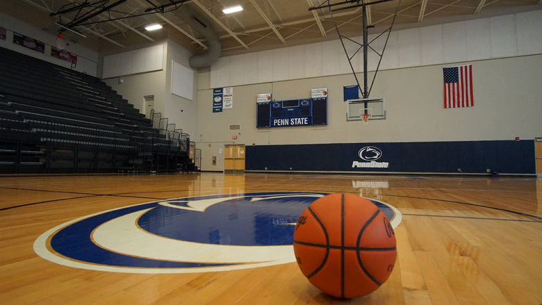 A basketball sits on the empty court inside Penn State Fayette’s Community Center Main Arena. 