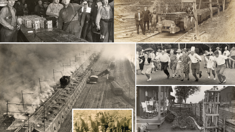black and white historical images of railroad tracks with coal cars, workers in mining uniforms, miners' home and social life