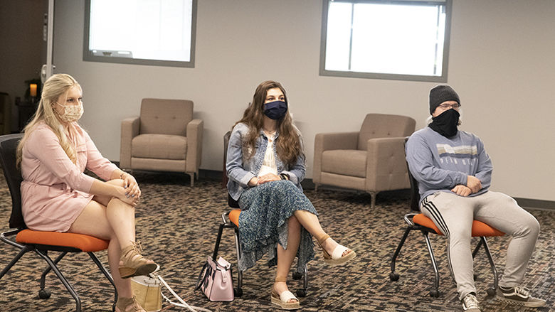 From left to right: Alaina Shaffer, Jessica Victor and Quentin Hales attend the Fayette LaunchBox Mentorship Program kick-off event on May 17 in the Fayette LaunchBox. 