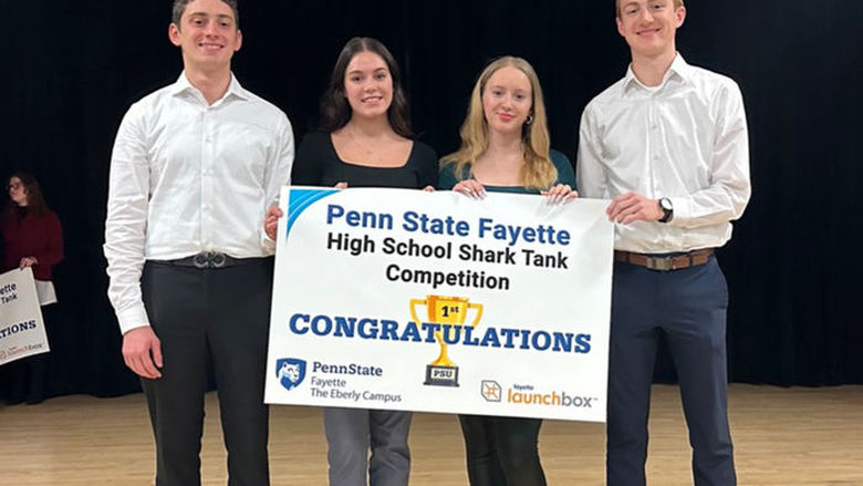 "Custom Cruisers" by Darren Dunn, Molly Wisilosky, Emma Aubele, and Matthew Schwertfeger of Laurel Highlands High School as the first-place winner in its annual high school Shark Tank competition. 