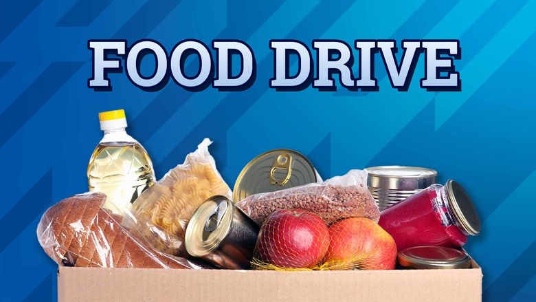 A box of food with "FOOD DRIVE" super-imposed above.