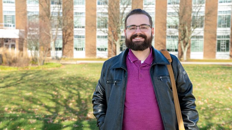 Joshua Krause standing outside Penn State Fayette.