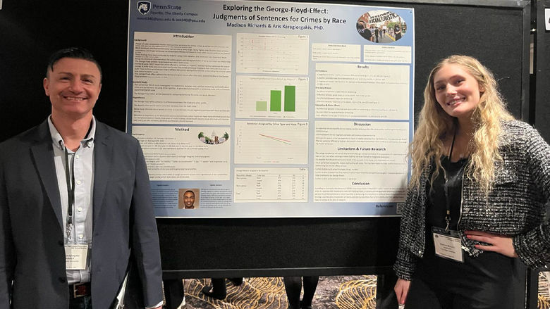 Aris Karagiorgakis, left, and Madison Richards, right, presenting at the Eastern Psychological Association Conference.