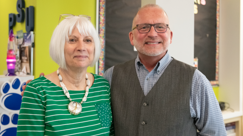 Cheryl Tkacs (left), instructional designer, celebrates her retirement from Penn State Fayette after fifteen years, with Charles Patrick (right), chancellor and chief academic officer.