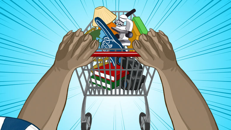 Nittany Lion paws pushing shopping cart of supplies
