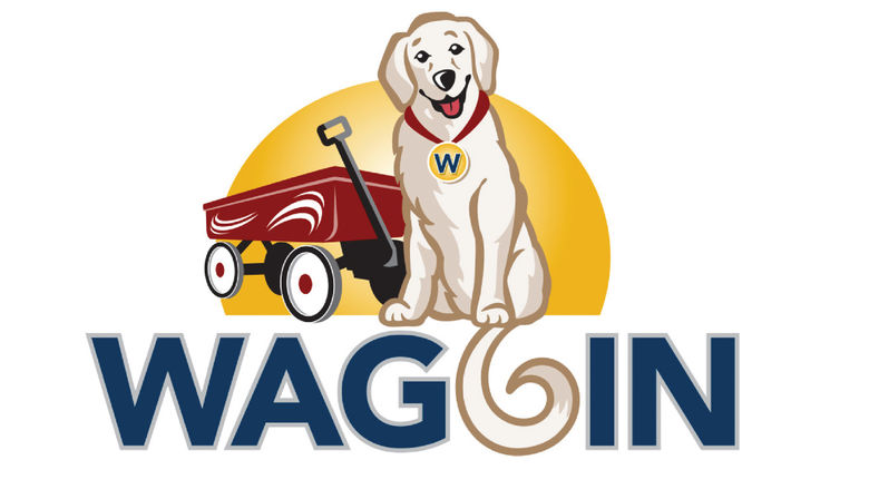 Graphic design of the Waggin logo, a Labrador retriever next to a wagon pale.