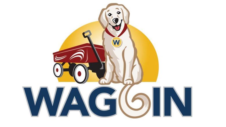 Graphic design of the Waggin logo, a Labrador retriever next to a wagon pale.