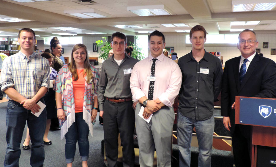 Winners of the spring Learning Fair at Penn State Fayette, The Eberly Campus are, from left: Robert Gunther, Zoey Budd, Adomas Povilianskas, Harry Barrett, Cody Lawrence, and Chancellor and Chief Academic Officer Dr. Charles Patrick.
