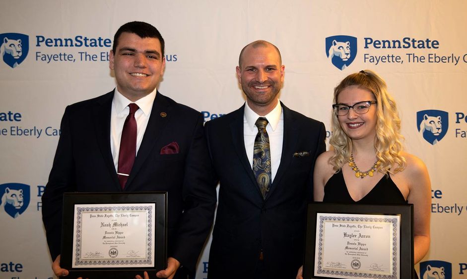Chad Long, director of student affairs (center) with Noah Michael (left) and Kaylee Aaron (right), winners of the Dennis Hippo Memorial Award.