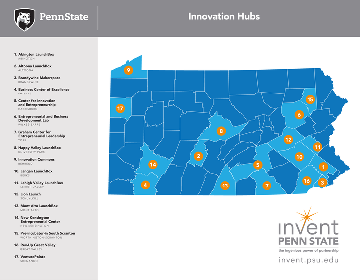 Map of 17 sites of Invent Penn State Innovation Hubs