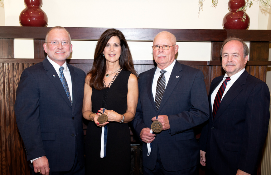 Dr. Charles Patrick, Chancellor/CAO; Paula R. Congelio, 2018 Outstanding Fellow; J. Blair McGill, 2018 Outstanding Alumnus; and Gary D. Monaghan, Chairman of the Advisory Board.