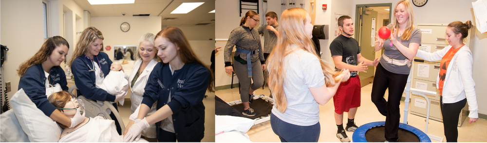 Nursing students tend to simulated human patients and Physical Therapist Assistant students demonstrate use of equipment.