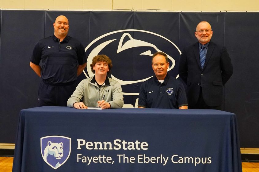 Lou Zadecky, athletic director; Jarred Provance; Dave Gumbert, head golf coach; Charles Patrick, chancellor and chief academic officer.