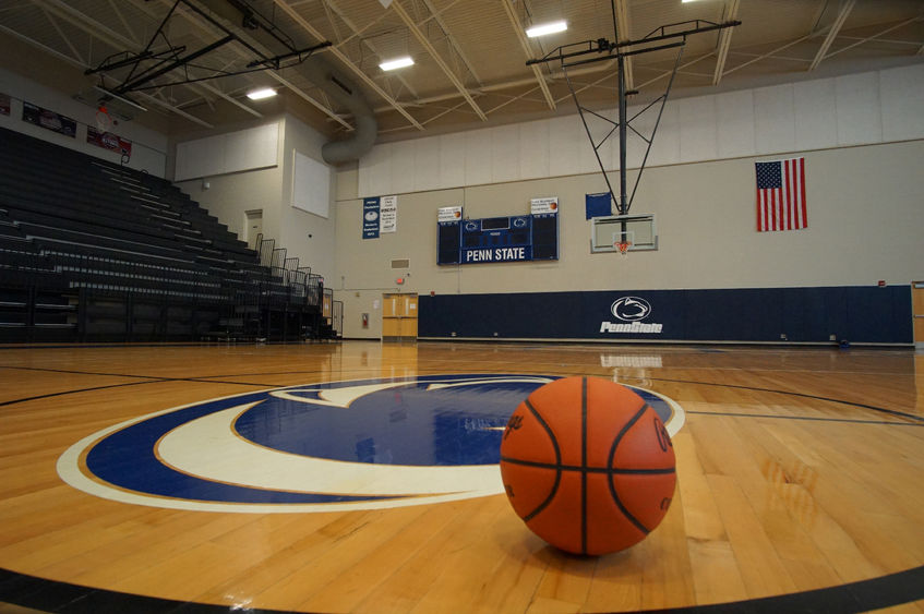 A basketball sits on the empty court inside Penn State Fayette’s Community Center Main Arena. 